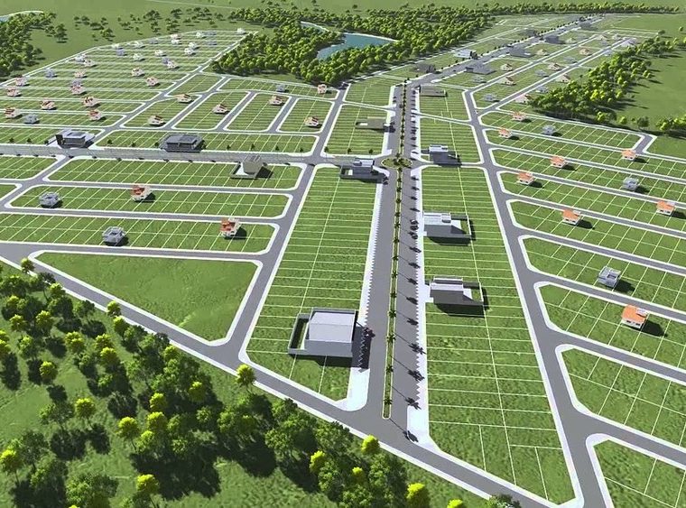 Imagem de projeto de loteamento, mostrando ruas, lotes e construções com incorporação de casas geminadas